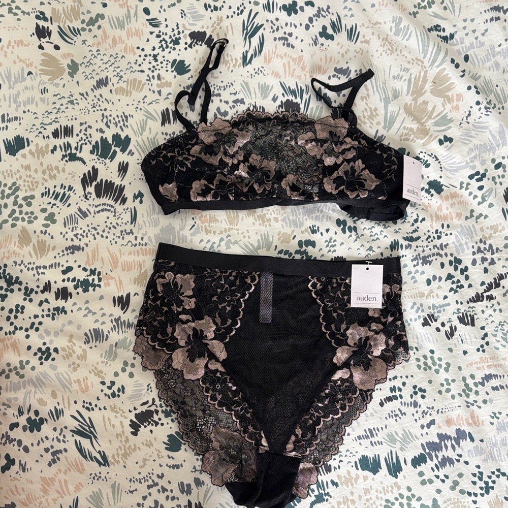 Auden Black and Mauve Floral Lace Bra and Panty Set